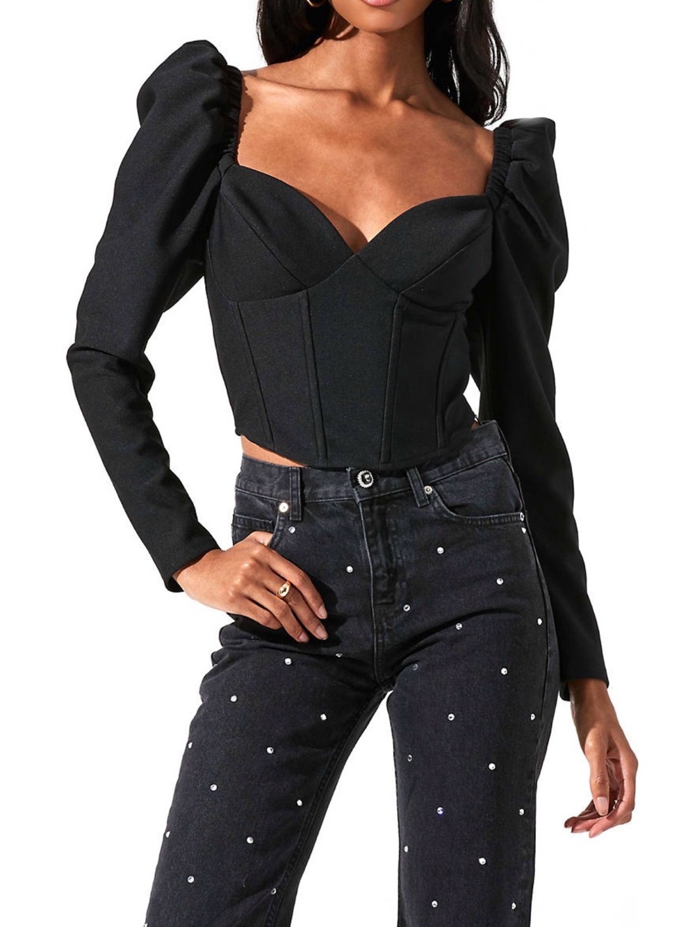 Astr Black Puff-Sleeve Corset Crop Top